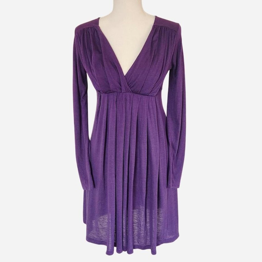VTG Y2K Babydoll Dress Pleated Front Empire Waist Long Sleeve Purple Size S